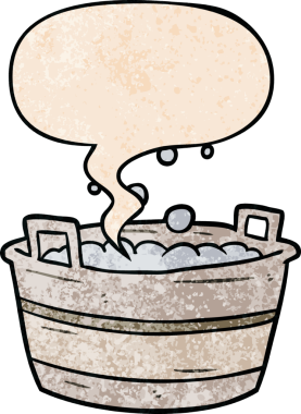 Eski bir karikatür, su dolu eski bir teneke küvet. İnsan tarafından çizilmiş eski moda bir konuşma balonu.