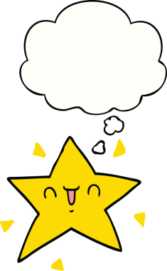 Bir insan tarafından çizilmiş düşünce baloncuklu mutlu bir yıldız.