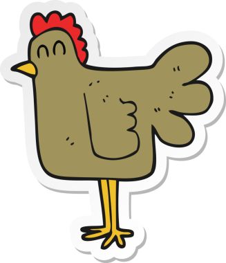 Bir insan tarafından çizilmiş çizgi film tavuğunun çıkartması.