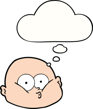 Bir insan tarafından çizilmiş düşünce balonlu meraklı kel bir adam.