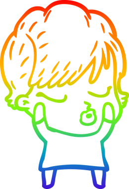 Gökkuşağı gradyan çizgi çizimi bir insan tarafından çizilmiş gözleri olan bir karikatür kadın