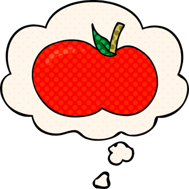 Çizgi roman tarzında bir insan tarafından çizilmiş düşünce baloncuklu çizgi film elması.