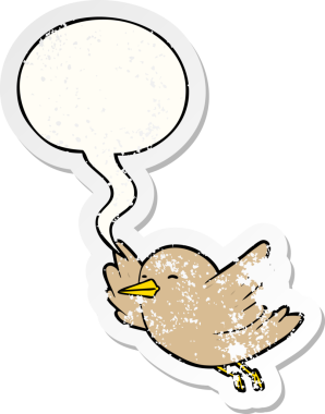 Çizgi film kuşu konuşma baloncuğuyla uçuyor. Bir insan tarafından çizilmiş sıkıntılı eski bir çıkartma.