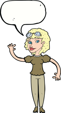 Çizgi film pilotu kadın bir insan tarafından çizilmiş konuşma balonuyla el sallıyor.