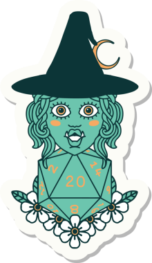 Bir insan tarafından çizilmiş 20 zarlı yarı ork bir cadının çıkartması.