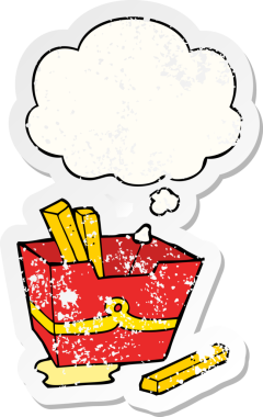 Düşünce baloncuklu patates kızartması karikatürü insan tarafından çizilmiş yıpranmış bir çıkartma gibi.