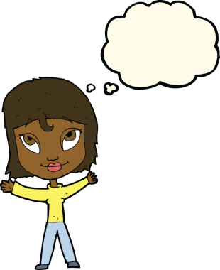 Bir insan tarafından çizilmiş düşünce baloncuğuyla kollarını sallayan mutlu kadın çizgi filmi.