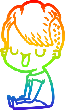 Gökkuşağı gradyan çizimi. Hipster saç kesimi bir insan tarafından çizilmiş şirin bir çizgi film kızı.