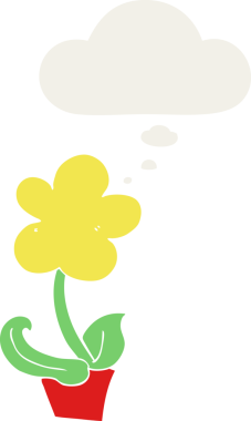 Bir insan tarafından çizilmiş düşünce baloncuğu olan sevimli bir karikatür çiçeği.