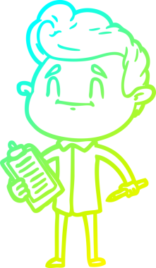 Bir insan tarafından çizilmiş kalem ve not panosuyla mutlu bir çizgi film adamı çizimi.