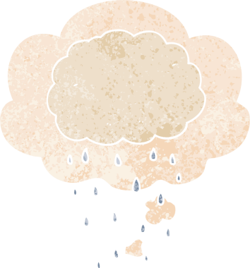 Düşünce baloncuklu karikatür yağmur bulutu grunge sıkıntılı retro dokuma tarzı bir insan tarafından çizilmiş