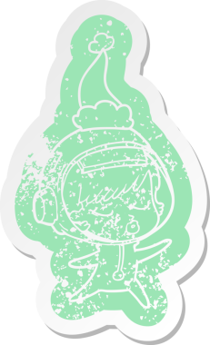 Bir insan tarafından çizilmiş Noel Baba şapkası giyen güzel bir astronot kızın garip bir karikatürü.