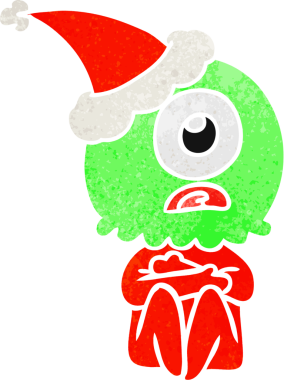 Bir insan tarafından çizilmiş Noel Baba şapkası giyen bir Tepegöz 'ün el çizimi uzaylı uzay adamı.