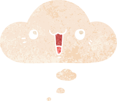 Mutlu çizgi film yüzü, insan tarafından çizilmiş grunge dertli retro tarzı ile düşünce baloncuğu