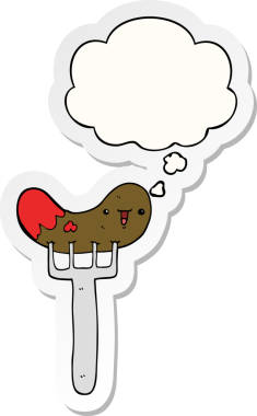 İnsan tarafından çizilmiş bir çıkartma olarak düşünce baloncuklu sosis ve çatal.