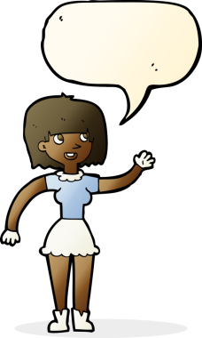 Bir insan tarafından çizilmiş konuşma balonuyla el sallayan çizgi film kızı.