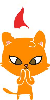 Bir insan tarafından çizilmiş Noel Baba şapkası takan bir kedinin düz renk çizimi.