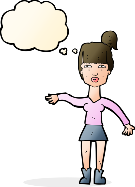 Bir insan tarafından çizilen düşünce baloncuğuyla kibirli bir jest yapan karikatür kadını.