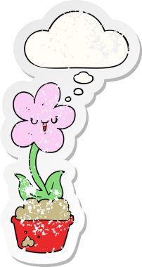 Düşünce baloncuğu olan sevimli bir karikatür çiçeği insan tarafından çizilmiş yıpranmış bir çıkartma gibi.