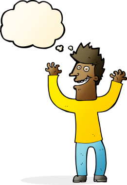 Bir insan tarafından çizilmiş düşünce baloncuğu ile heyecanlı bir adam.