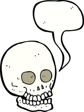 Bir insan tarafından çizilmiş, konuşma baloncuklu bir kafatası.