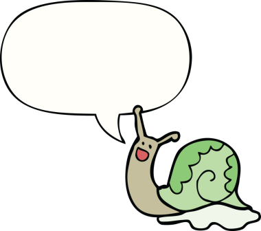 Bir insan tarafından çizilmiş konuşma balonlu şirin çizgi film salyangozu.