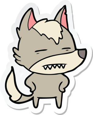 Bir insan tarafından çizilmiş dişleri gösteren bir kurt çizgi film etiketi.