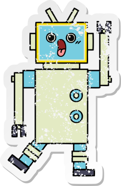 Bir insan tarafından çizilmiş sevimli bir robot çizgi film çıkartması.