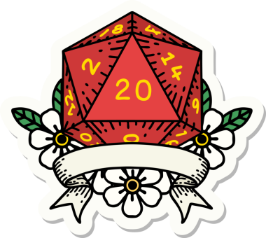 Bir insan tarafından çizilmiş 20 kritik vuruşluk D20 zar etiketi.