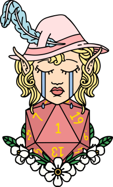 Retro Dövme Tarzı Ağlayan Elf Ozan Karakteri Bir insan tarafından çizilmiş doğal D20 rulo