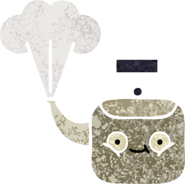 Bir insan tarafından çizilen dumanı tüten bir çaydanlığın retro çizim tarzı karikatürü