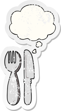 Düşünce baloncuklu çatal ve bıçak bir insan tarafından çizilmiş yıpranmış bir çıkartma.