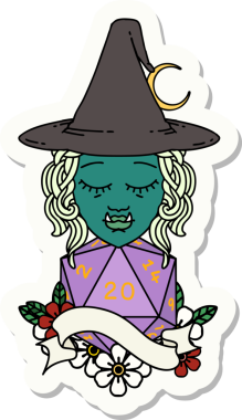 Bir insan tarafından çizilmiş doğal yirmi zarlı yarım ork cadı karakterinin çıkartması.