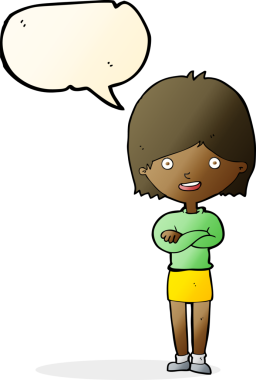 Bir insan tarafından çizilmiş konuşma balonlu mutlu kadın çizgi filmi.