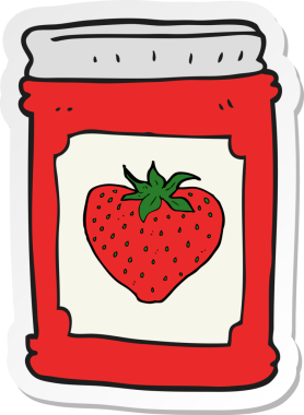 Bir insan tarafından çizilmiş çilek reçel kavanozunun çıkartması.