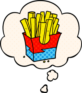 Çizgi roman tarzında bir insan tarafından çizilmiş düşünce baloncuklu çizgi film kızartmaları.