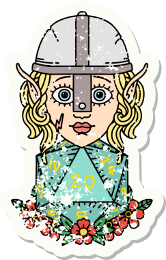 Bir insan tarafından çizilmiş 20 zarlı bir elf dövüşçüsünün grunge sticker 'ı