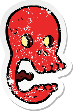 Bir insan tarafından çizilmiş komik bir karikatür kafatasının gerilemiş çıkartması.