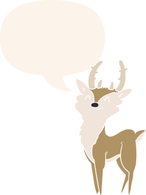 bir insan tarafından çizilmiş eski tarz konuşma baloncuğu olan mutlu bir geyik.