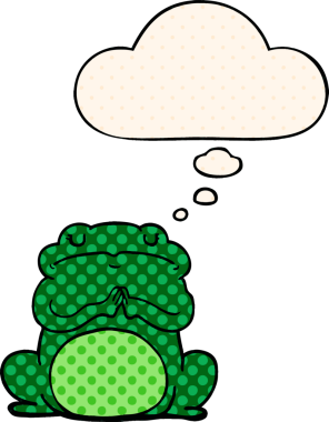 Çizgi roman tarzında düşünce balonu olan kibirli kurbağa bir insan tarafından çizilmiş.