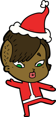 Bir insan tarafından çizilmiş Noel Baba şapkası giyen, bilim kurgu elbiseli, şaşırmış bir kızın el çizimi.