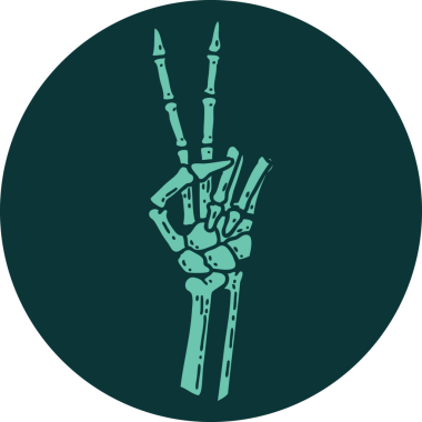 Bir insan tarafından çizilmiş barış işareti veren bir iskeletin ikonik dövme görüntüsü.