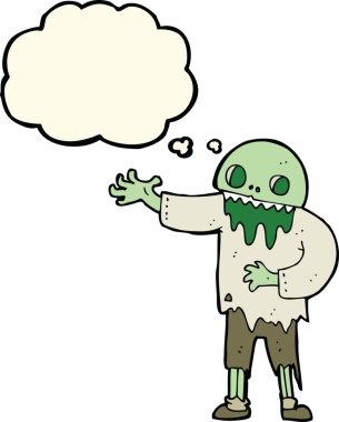 Bir insan tarafından çizilmiş düşünce baloncuklu tuhaf zombi çizgi filmi.