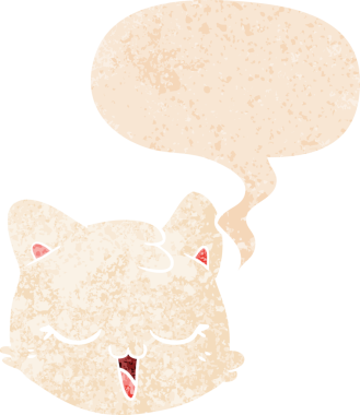 bir insan tarafından çizilmiş grunge sıkıntılı retro desenli konuşma baloncuklu çizgi kedi yüzü