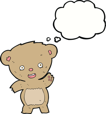 Bir insan tarafından çizilmiş düşünce balonlu oyuncak ayıyı sallayan çizgi film.