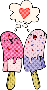 Karikatür buz lolipopu bir insan tarafından çizilmiş çizgi roman tarzında düşünce baloncuğuna aşık.