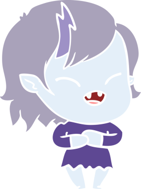 Bir insan tarafından çizilmiş düz renkli çizgi film gülen vampir kız.