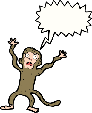 Bir insan tarafından çizilmiş konuşma balonlu ürkek maymun.