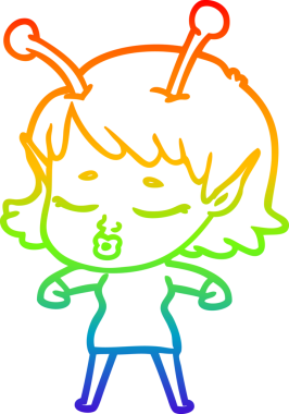 Gökkuşağı gradyan çizgisi. Bir insan tarafından çizilmiş şirin bir uzaylı kız çizgi filmi.