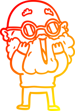 Bir insan tarafından çizilmiş sakallı bir çizgi film karakteri.